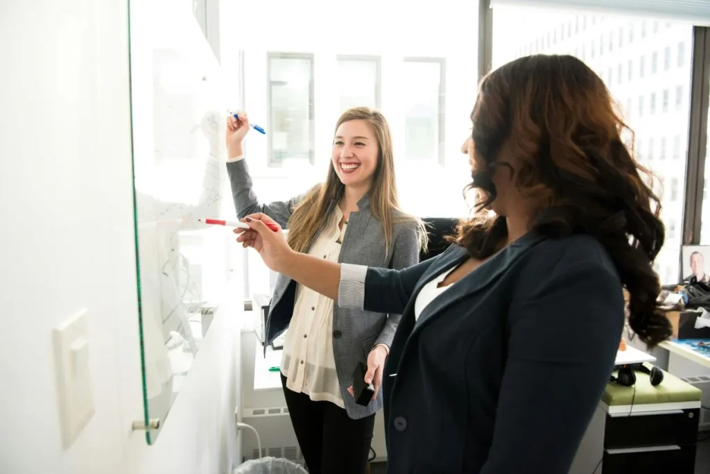 photo of two small business owners leading a finance meeting with their management staff